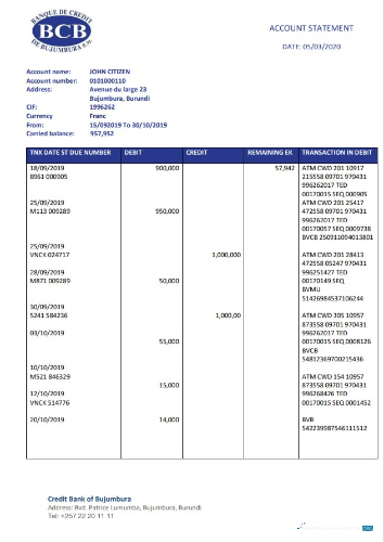 Download Burundi Credit Bank of Bujumbura bank statement word